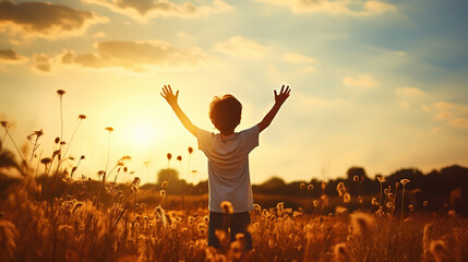 Fototapeta na wymiar Little boy raising hands over sunset sky, enjoying life and nature. Happy Kid on summer field looking on sun. Generative AI