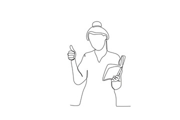 A teacher gave a thumbs-up to his student. World teacher day one-line drawing