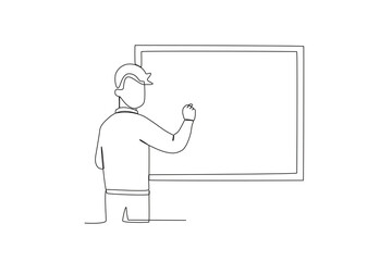 A teacher explains a lesson on a classroom board. World teacher day one-line drawing