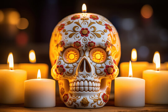 Day of the Dead white Sugar Skull with flowers and candles Generative AI.