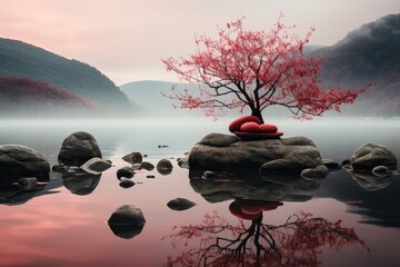 paysage zen, rocher rose, ia