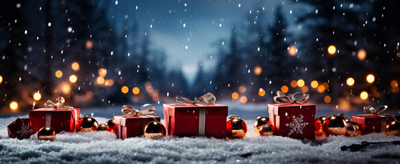 Banner of Christmas gift box against bokeh background. Holiday greeting card.