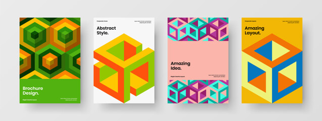 Multicolored front page design vector template set. Minimalistic geometric hexagons poster concept collection.