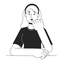 Engaged student woman resting chin on palm flat line black white vector character. Editable outline half body person. Focused girl simple cartoon isolated spot illustration for web design