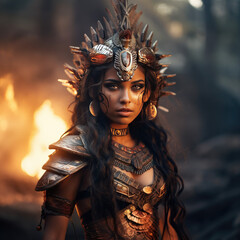 Obraz na płótnie Canvas The Fierce Glare: Captivating 32K Full HD Portrait of an Aztec Femme Fatale Warrior, Radiating Eyes and Dramatic War Gear in Cinematic Light