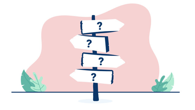 Naklejki Crossroad vector sign - Illustration of signpost pointing in different direction with question marks. Flat design on white background