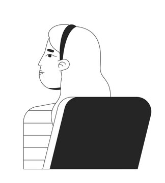 recommend clip art: Caucasian young female student sitting in chair behind flat line black white vector character. Editable outline half body person. Learning simple cartoon isolated spot illustration for web design