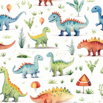 Whimsical Dinosaur Delight: A Vibrant Watercolor Seamless Pattern for Kids