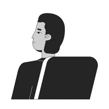 recommend clip art: Engaged student indian man sitting in chair flat line black white vector character. Editable outline half body person. Male millennial intern simple cartoon isolated spot illustration for web design