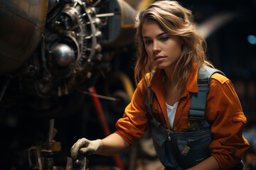 Obraz na płótnie Canvas portrait of a woman who repairs small aircraft engines