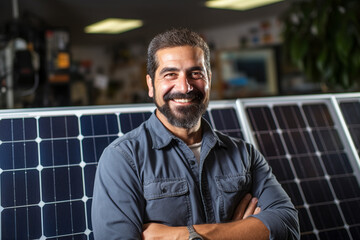 portrait of a man who is engaged in replacing and repairing solar panels