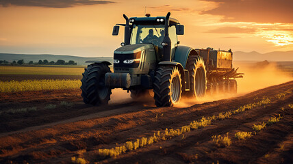 Fototapeta premium Tractor drives across large field making special beds for sowing seeds into purified soil. Agricultural vehicle works at sunset in countryside. Generative AI