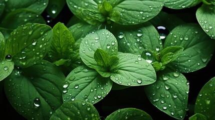  a close up of a bunch of green leaves with water droplets.  generative ai