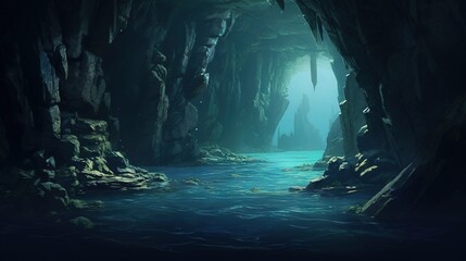  a dark cave with a stream in the middle of it.  generative ai