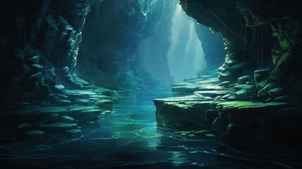  a painting of a cave with a stream running through it.  generative ai