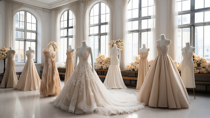 Captivating Luxury Wedding Dresses Beckon at the Exquisite Wedding Salon. Generative AI