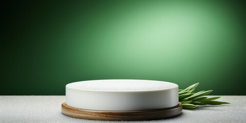 Empty round white podium with a green branch on a green background. Minimalistic, modern background for product and merchandise. Stand/podium/table top for product display.
