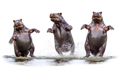Three dancing cheerful hippos isolated on white background