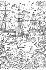 old sailing ship. pencil drawing. Children's coloring book. AI generation..