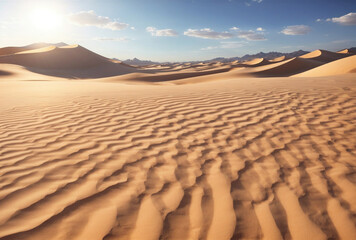 A desert landscape with a sun shining on the sand