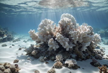 bleached dying coral reef in the sea