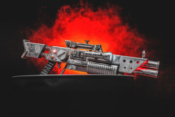 Post apocalyptic style pump action shotgun on the dark background.