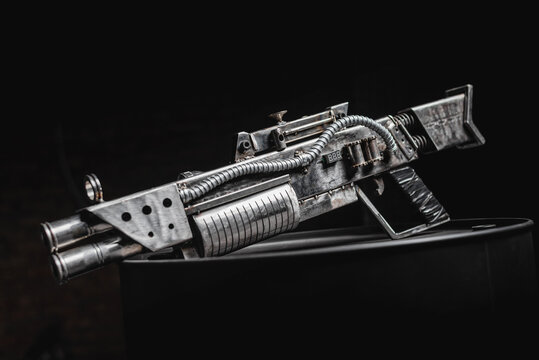 Post apocalyptic style pump action shotgun on the dark background. - Powered by Adobe