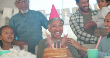 Birthday party, applause and a senior woman with her family at home together in celebration of a life milestone event. Kids, parents and grandparents with cake in a house to celebrate their grandma
