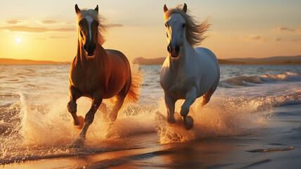Two horses running along coast sunset background, powerfully broodmare horses running along sea beach, Generative AI