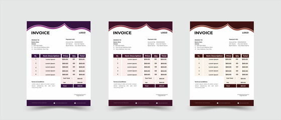 Professional corporate invoices template with 3 color sets.