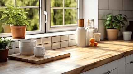 Fototapeta na wymiar Kitchen Serenity, White Sink Window Creates a Tranquil Ambiance for the Wooden Table. Generative AI