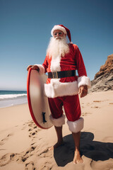 Generative AI illustration of Santa Claus wearing sunglasses surfing on a beach