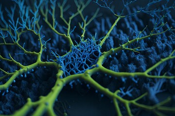 Nerve cells, neural networks at the ultrastructural level. Abstract neuroscience, technology background, 3 d render. Conceptual illustration in blue-green color palette.