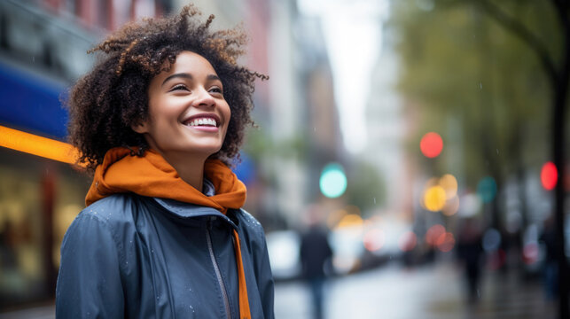 happy young afro-american woman or girl smiling on street with rain. optimism and positive attitude