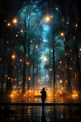 A person standing in the middle of a forest at night.