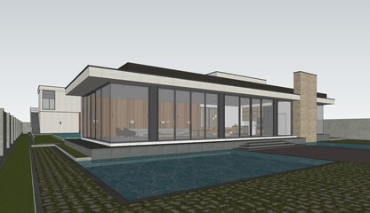 Modern House Exterior Scene with furniture - 3D rendering, 3D model