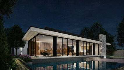 Modern House Exterior Scene with furniture - 3D rendering, 3D model