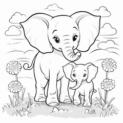 Elephant mom and baby. Black and white coloring page for toddlers. 