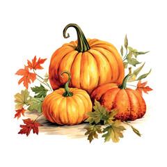 Rustic pumpkin watercolor autumn still life for celebration design. Organic food. Cozy home decor. Modern interior.