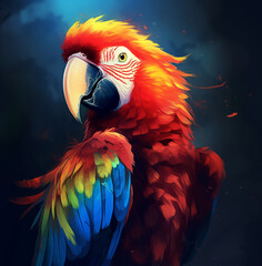A vibrant parrot against a dramatic black backdrop