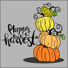 Happy Harvest time. pumpkins for Halloween. stack of four orange pumpkins with leaves, vector illustration. Farm vegetables.