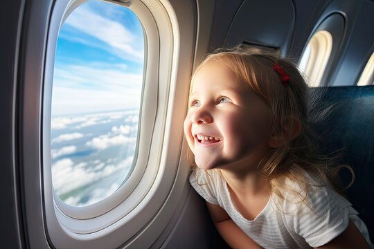 Happy Girl Looks at Airplane Window, Young Girl in Aircraft, Air Flight, Generative AI Illustration