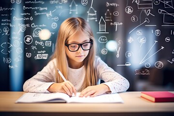A Child Prodigy, a Smart Child Writes in a Notebook, Girl Solving a Math Equation, Generative AI Illustration