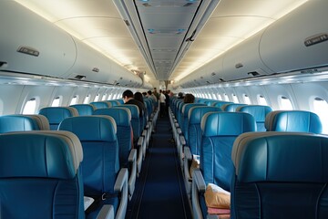 Fototapeta premium Aircraft Saloon, Comfortable Passenger Seats, Airplane Chairs, Air Board, Generative AI Illustration