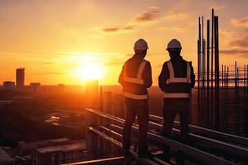 Worker on Building Site Silhouettes, Construction Site at Sunset, Generative AI Illustration
