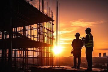 Fototapeta premium Worker on Building Site Silhouettes, Construction Site at Sunset, Generative AI Illustration
