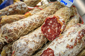 Corsican pork dried sausage for sale at 39.9 EUR a kilo at a local covered provencal farmers market...