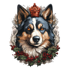 A whimsical Christmas Husky Dog t-shirt design presenting a Husky wearing a shimmering crown of holly leaves and berries, Generative Ai