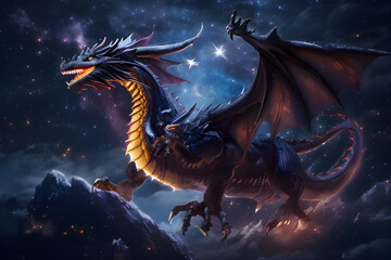 A majestic dragon soaring through a star-filled night sky.

