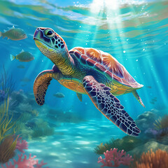 A vibrant underwater scene with a graceful turtle swimming in the crystal-clear ocean water